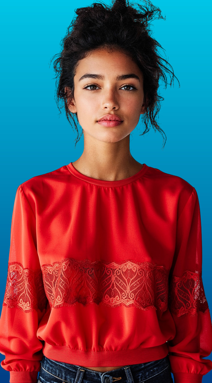 H&M Divided Red Sheer Long Sleeve Blouse with Lace Midsection